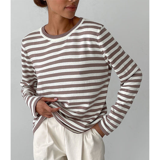 Autumn and Winter Women Round Neck Knitted Striped Sweater 1633