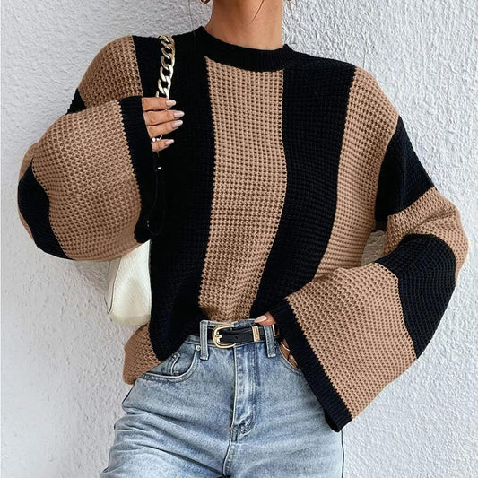 Spring and Autumn Knitted Sweater Top Round Neck Striped Sweater Jacket 1634