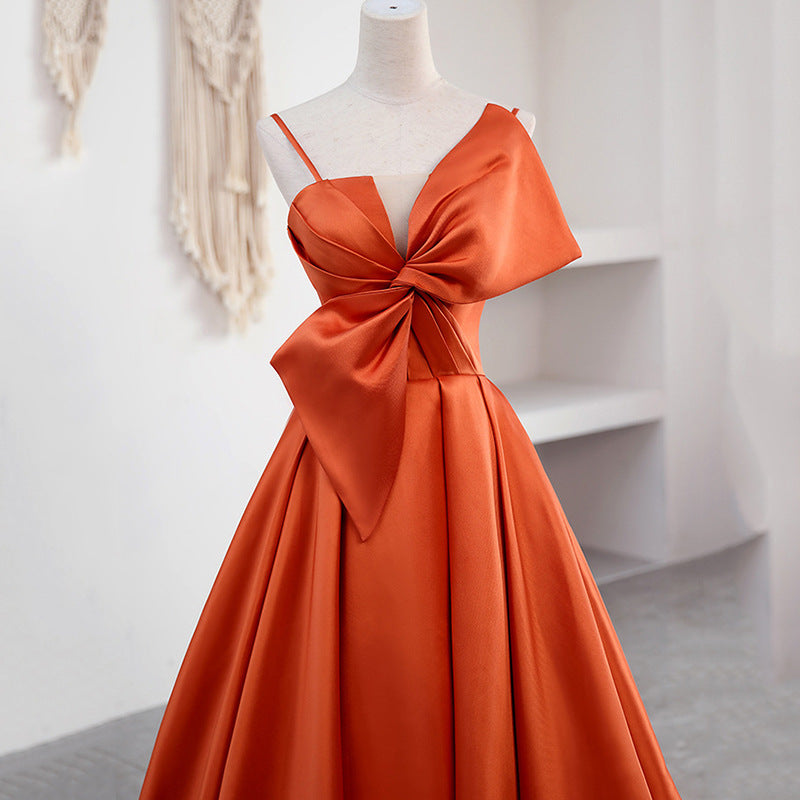 A Line Orange Satin Prom Dress Sweet Bow Birthday Party Dress 2045