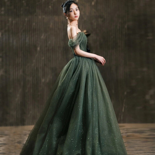 Off The Shoulder Green Tulle Prom Dress A Line Birthday Party Dress 2046