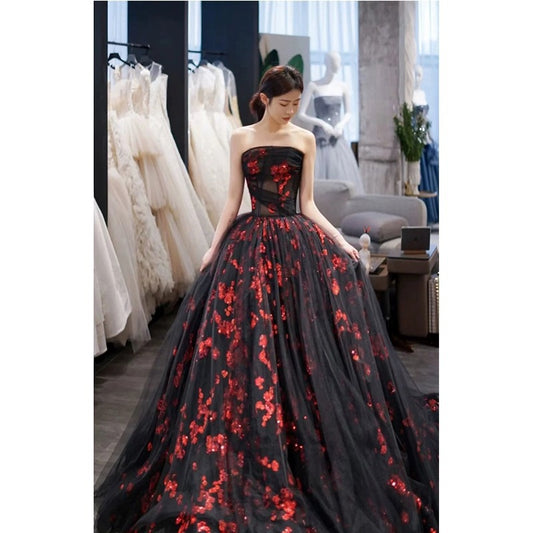 Strapless A Line Tulle Prom Dress Applique Black Ball Gown 2054