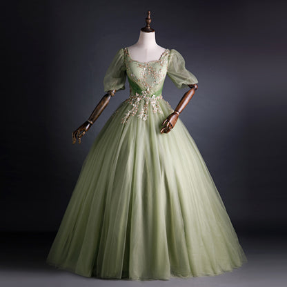 Robe de bal trapèze verte à appliques, robe de soirée d'anniversaire en tulle doux 2052