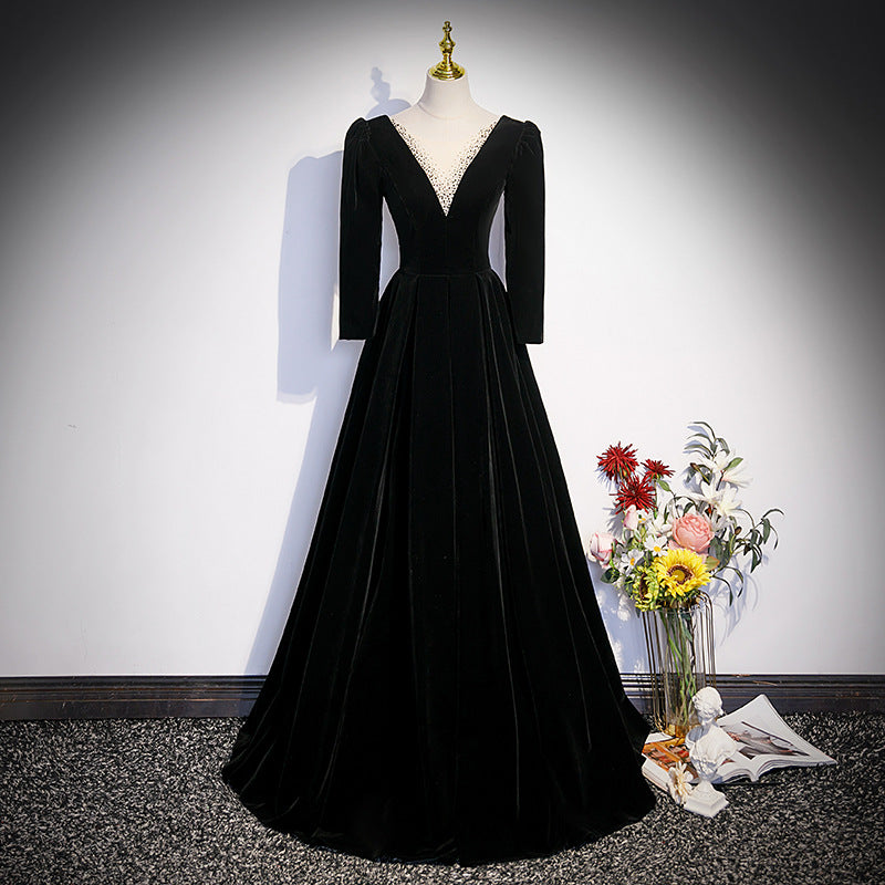 Black Velvet A Line Prom Dress Elegant V Neck Evening Dress 2052