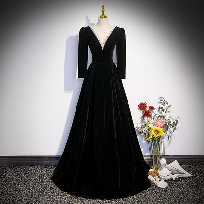 Schwarzes Samt-A-Linien-Ballkleid, elegantes Abendkleid mit V-Ausschnitt, 2052