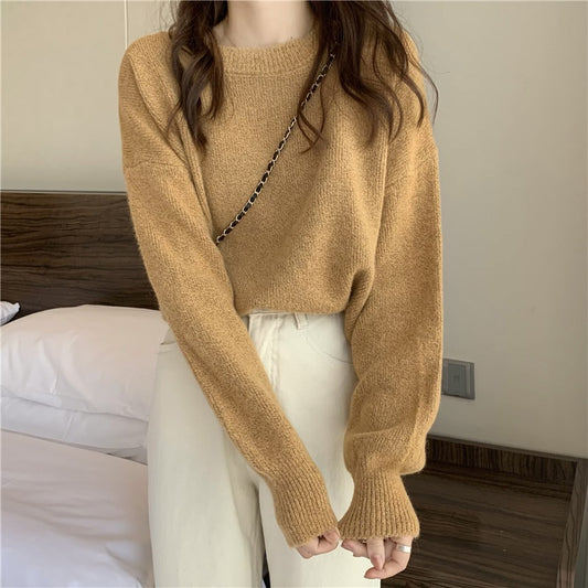 Loose Pullover Solid Color Sweater Autumn and Winter Soft Knitted Sweater Top 1954