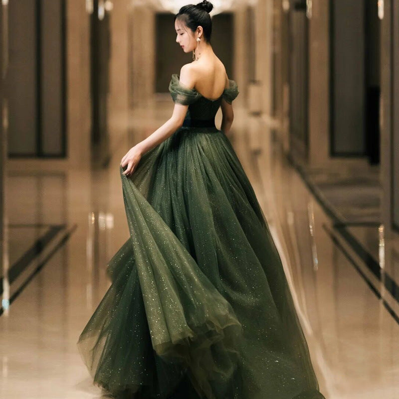 Off The Shoulder Green Tulle Prom Dress A Line Birthday Party Dress 2046