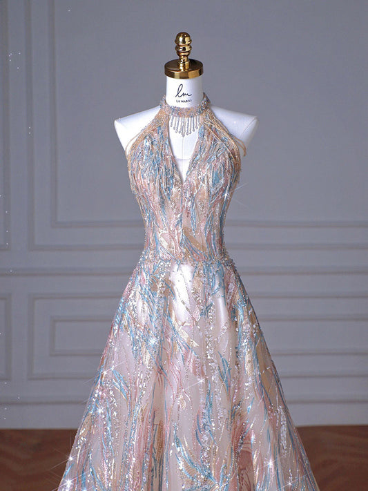 Robe de soirée à paillettes scintillantes, coupe trapèze, dos nu, 1966
