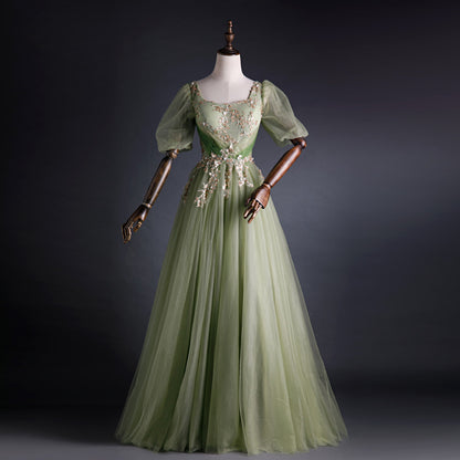 Robe de bal trapèze verte à appliques, robe de soirée d'anniversaire en tulle doux 2052
