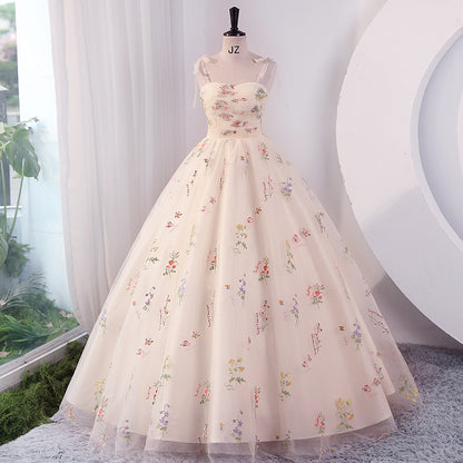 Robe de bal trapèze à fleurs, robe de soirée d'anniversaire en tulle doux 2051