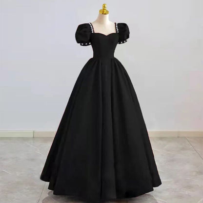 Robe de soirée noire en satin, coupe trapèze, tenue de soirée d'anniversaire, 2050