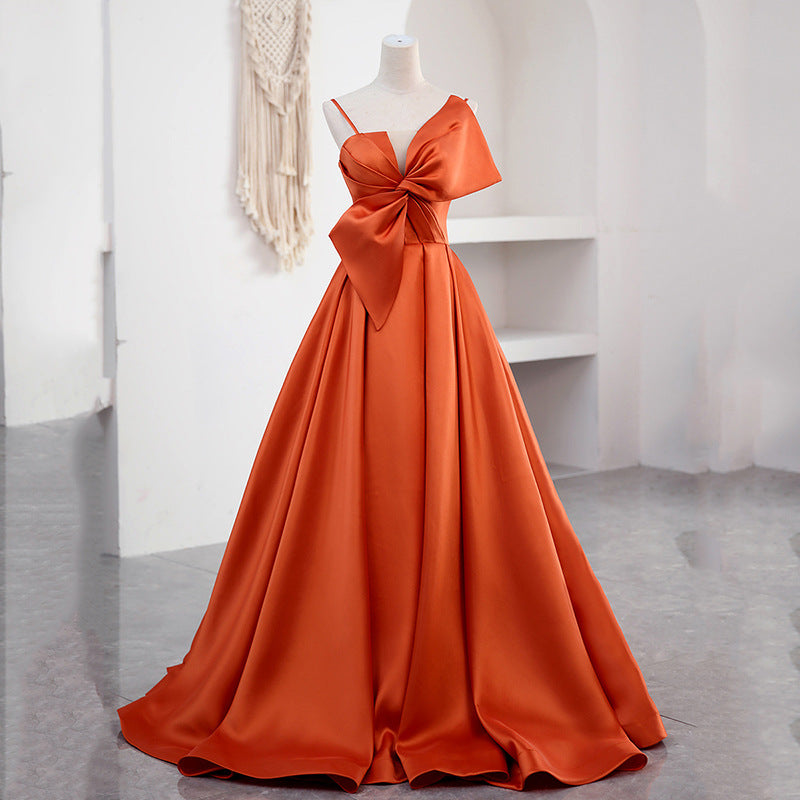 A Line Orange Satin Prom Dress Sweet Bow Birthday Party Dress 2045