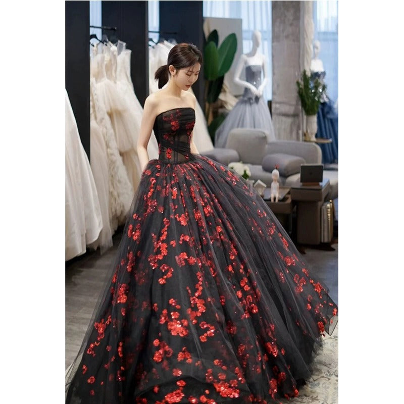 Strapless A Line Tulle Prom Dress Applique Black Ball Gown 2054