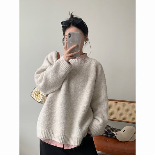 Furry Loose Pullover Sweater Round Neck Autumn Long Sleeve Soft Knitted Top 1949