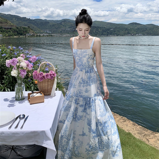 French Style Backless Blue Floral Long Dress with Bow 1928