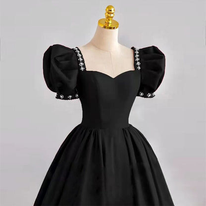 Robe de soirée noire en satin, coupe trapèze, tenue de soirée d'anniversaire, 2050