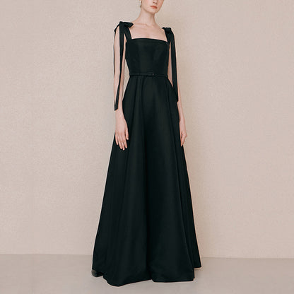 A-Linie Satin Schwarzes Abendkleid im französischen Stil 2047