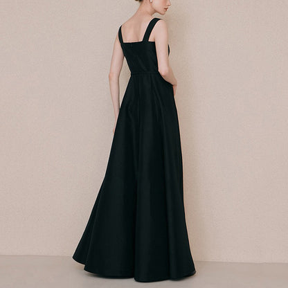 A-Linie Satin Schwarzes Abendkleid im französischen Stil 2047