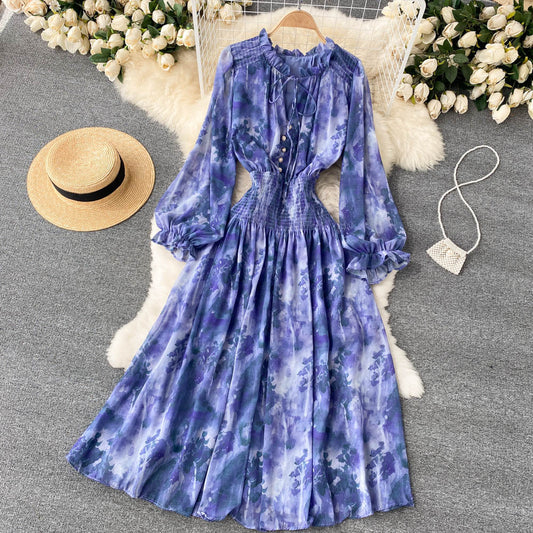 Elegant Printed French Dress Puff Sleeve Fairy Long Skirt 1004