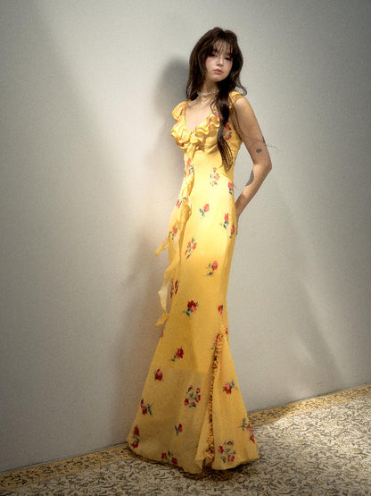 Robe longue sirène fleurie à bretelles et volants jaunes L68