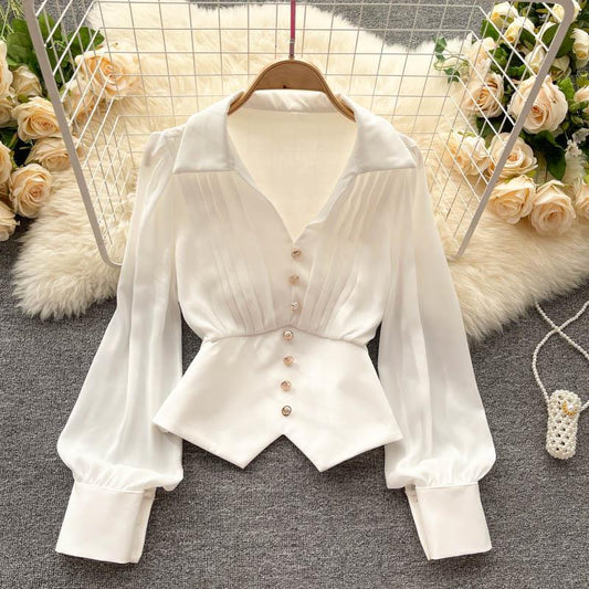 V-neck Long-sleeve Shirt Women's French Puff Sleeve Top 340