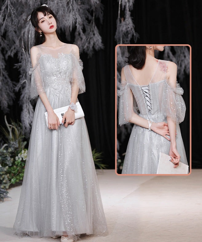 Gray A Line Long Prom Dress Shiny Formal Party Gown Bridesmaid Dress 557