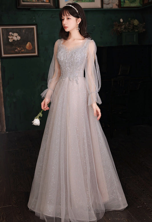 Gray Tulle Fairy Dress Sweet Formal Party Gown Long Sleeves Evening Dress 609