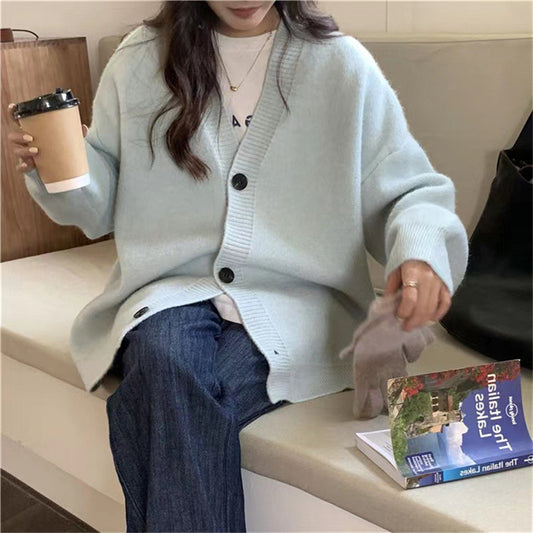 Lazy Style Sweater Cardigan Spring and Autumn V-neck Knitted Jacket 1723