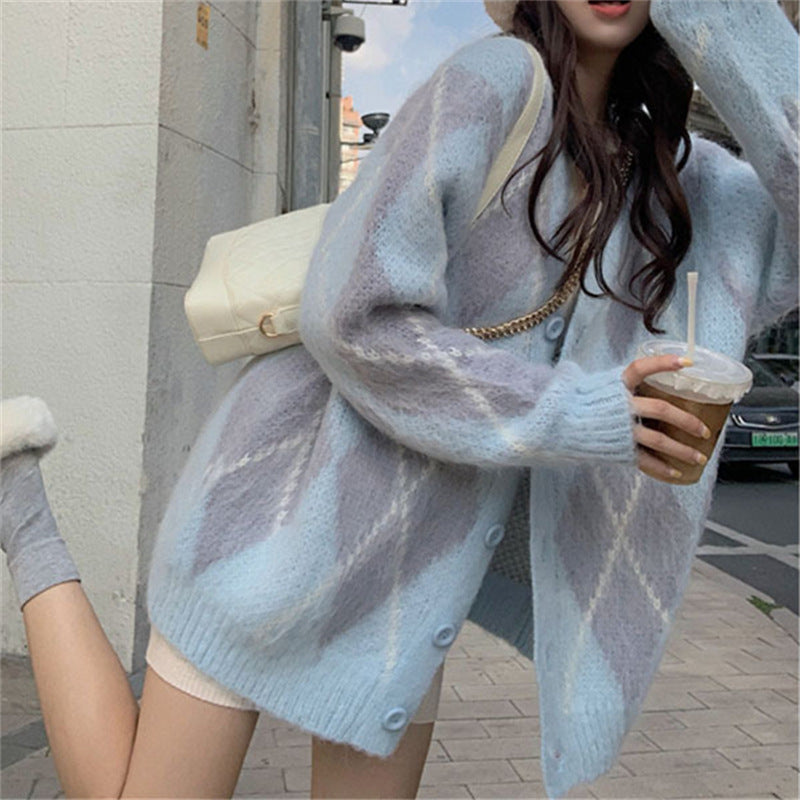 Diamond V-neck Sweater Jacket Spring and Autumn Loose Long-sleeved Knitted Cardigan 1726