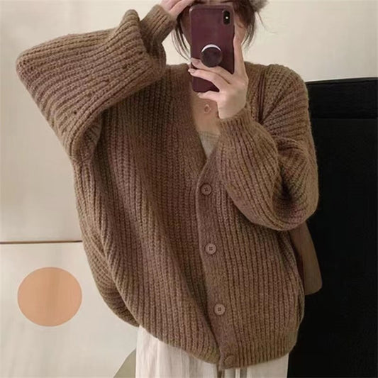 Long-sleeved Knitted Cardigan Spring and Autumn V-neck Loose Lazy Style Sweater Jacket 1731