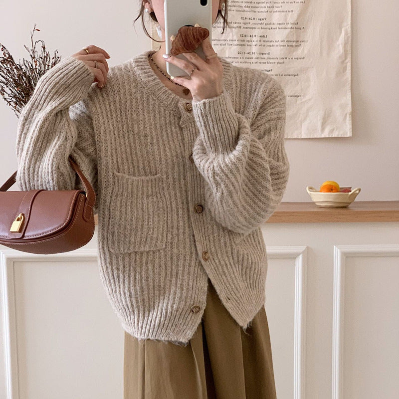 Loose and Lazy Knitted Cardigan Autumn and Winter Long-sleeved Short Sweater Jacket 1744