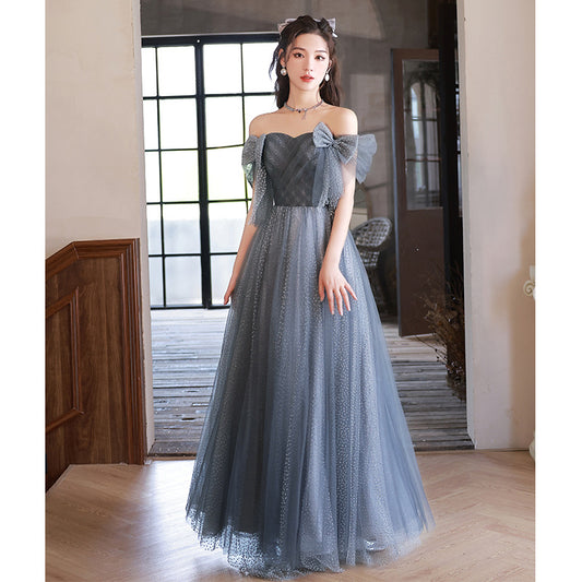 Off Shoulder Blue A Line Prom Dress Tulle Evening Formal Party Dress with Bow Tie 664