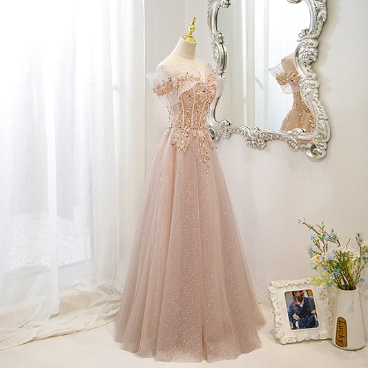 Off  Shoulder Pink Tulle Prom Dress Sequins Long Evening Formal Party Dress 189