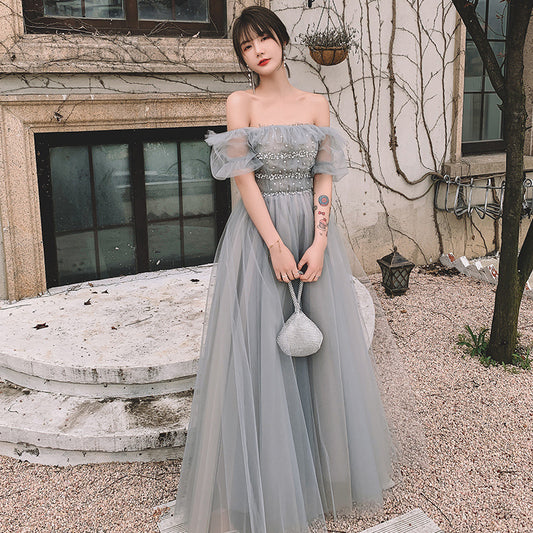 Off Shoulder Tulle Long Prom Dress Gray Green Evening Formal Gown 299