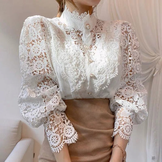 French Loose Lace Hollow Flower Long Sleeve Stand Collar Shirt Women Top 724