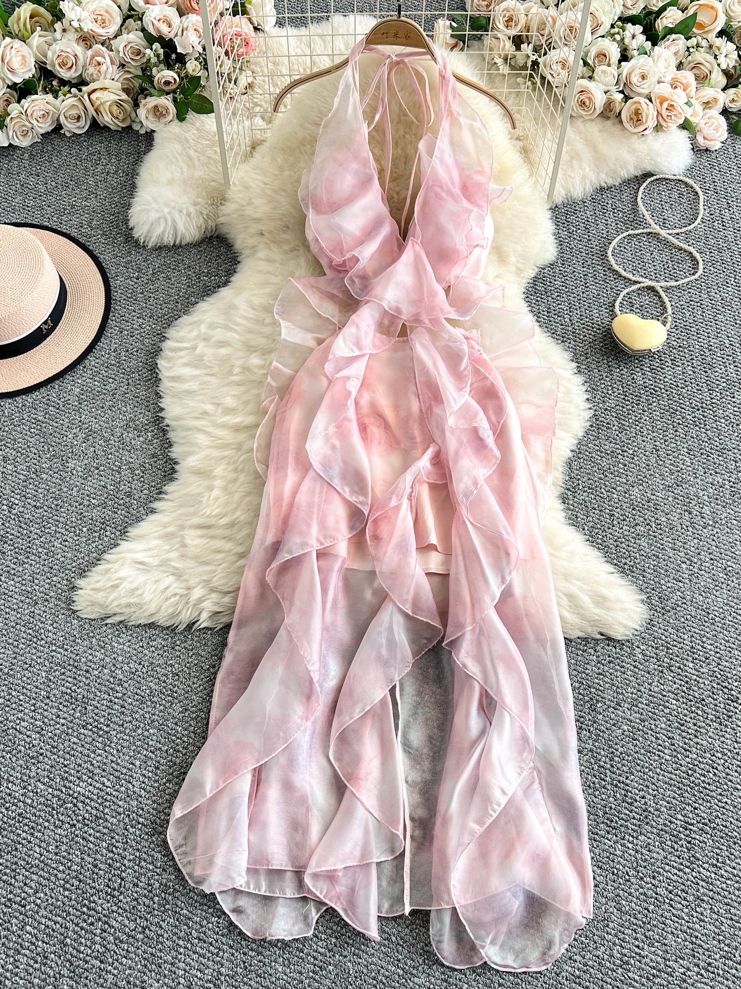 Sexy Halter Neck Printed Dress with Ruffled Backless Maxi Dress  L55