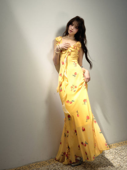 Robe longue sirène fleurie à bretelles et volants jaunes L68