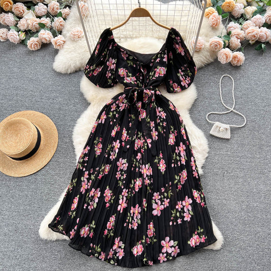 French Puff Sleeve Floral Dress Women's Summer Chiffon Long Dress 277