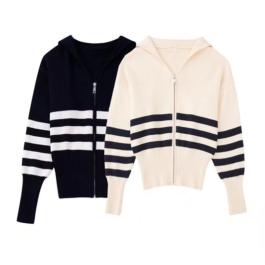 Autumn and Winter Women  Striped Knitted Jacket Zipper Lapel Sweater 1483