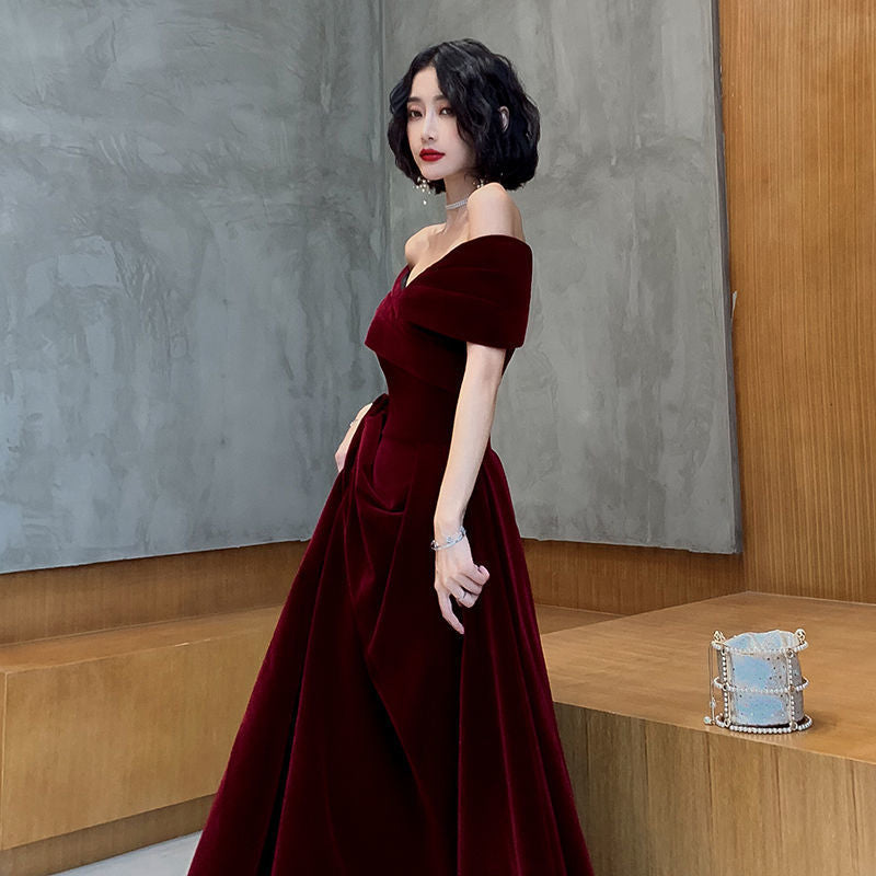 Off Shoulder Burgundy A Line Long Prom Dress Velvet Evening Formal Par JulyProm Off Shoulder Burgundy A Line Long Prom Dress Velvet Evening Formal Par JulyProm