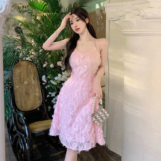 French Pink Feather Tassel Spaghetti Strap Dress 816