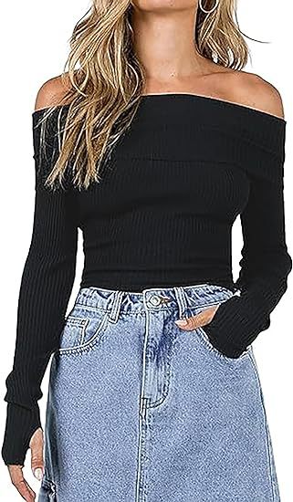 Women's Off-shoulder Exposed Color Slim Short Sweater Long-sleeved Sweater 1902