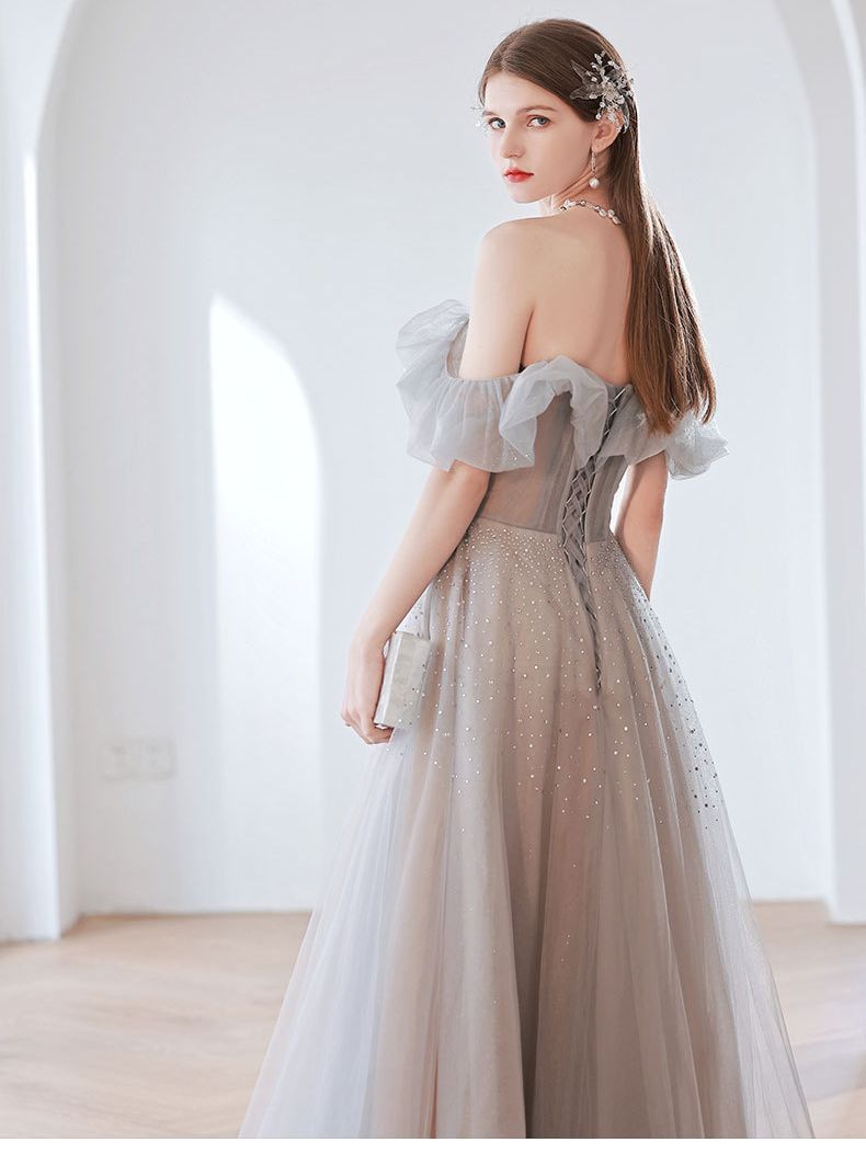 Off Shoulder Gray Sequins Long Prom Dress A Line Tulle Formal Evening Gown 305