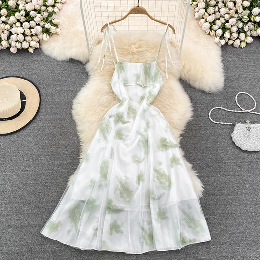 Gentle Thin Strap Long Dress Sleeveless Backless Printed A-Line Chiffon Dress 470