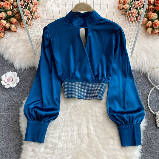 Autumn New Stand Collar Short Satin Shirt Short Top 361