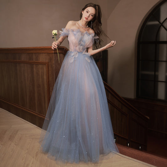 Off Shoulder Sweet Blue Shiny Tulle Prom Dress A Line Formal Party Dress 661