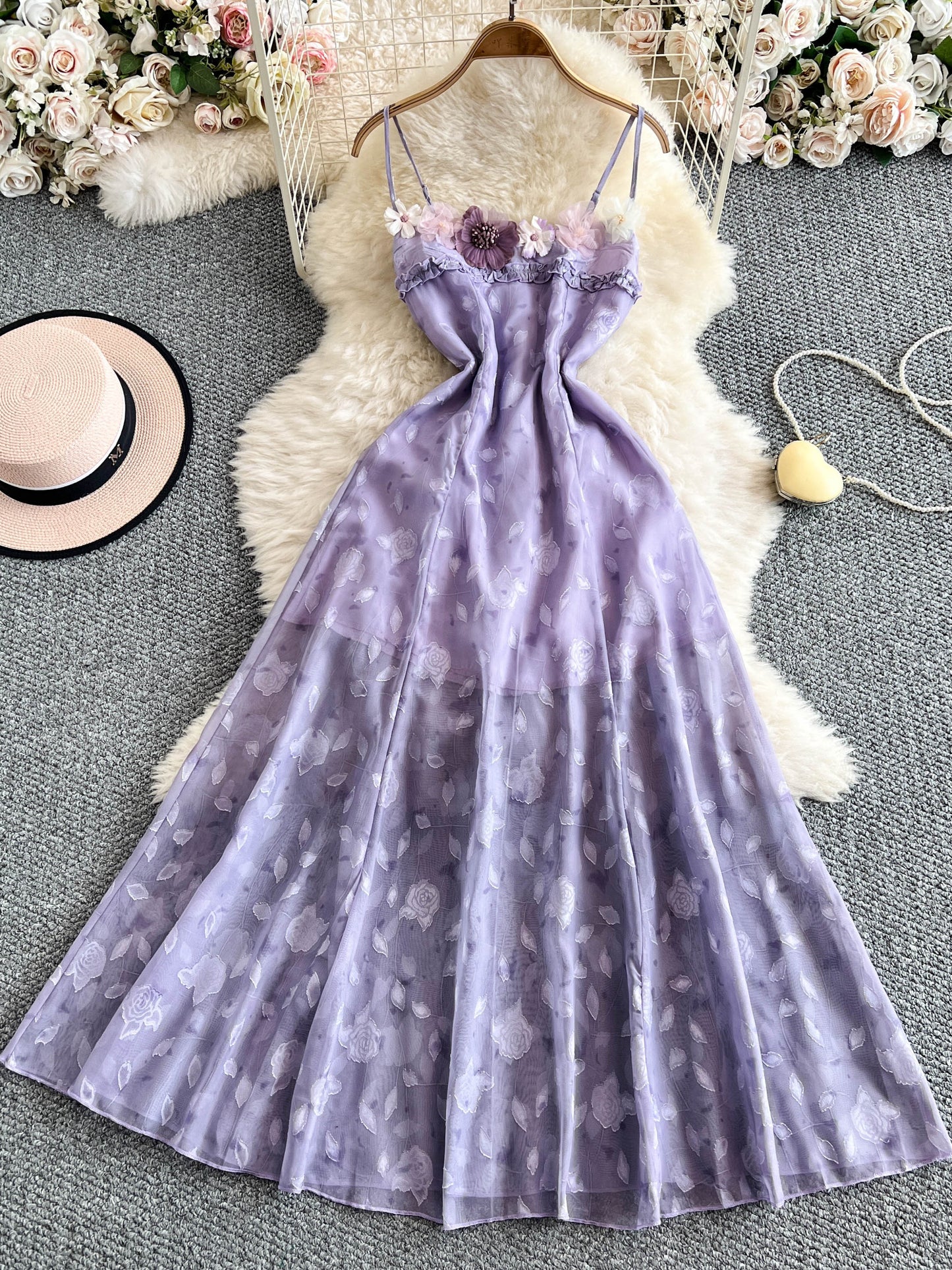 Robe à bretelles spaghetti à fleurs 3D Robe de fée L57