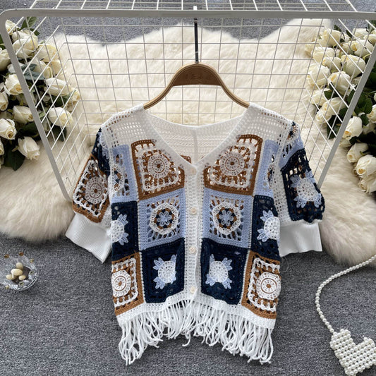 Summer Retro Hollow Knitting Top Women's V-neck Cardigan  452