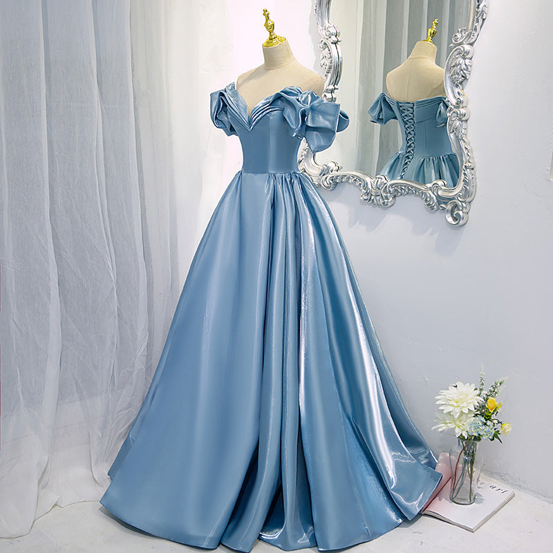 Off Shoulder Blue Satin Prom Dress Formal Evening Party Ball Gown 684