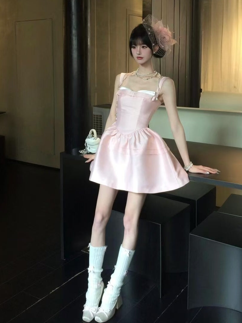 Pink Bow Sleeveless Short Homecoming Dress Birthday Dress  L24