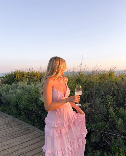 Spaghetti Straps Pink Ruffle Prom Dress V Neck Wedding Guest Dress J7013